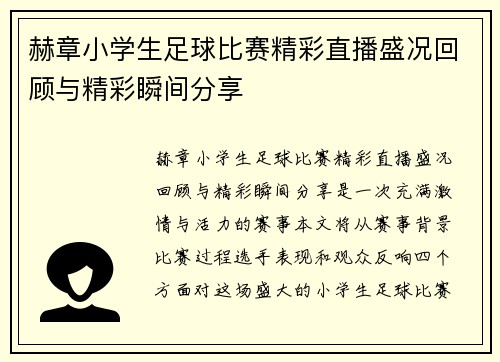赫章小学生足球比赛精彩直播盛况回顾与精彩瞬间分享