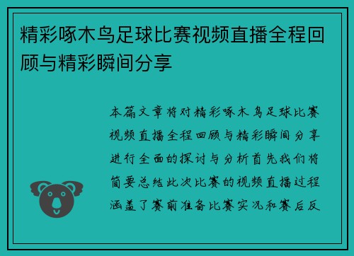 精彩啄木鸟足球比赛视频直播全程回顾与精彩瞬间分享