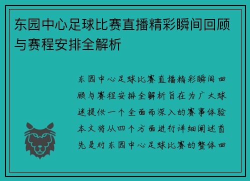 东园中心足球比赛直播精彩瞬间回顾与赛程安排全解析